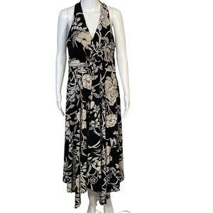 Evan Picone Black White Floral Halter Sz 12  Sleeveless Stretch Maxi Dress